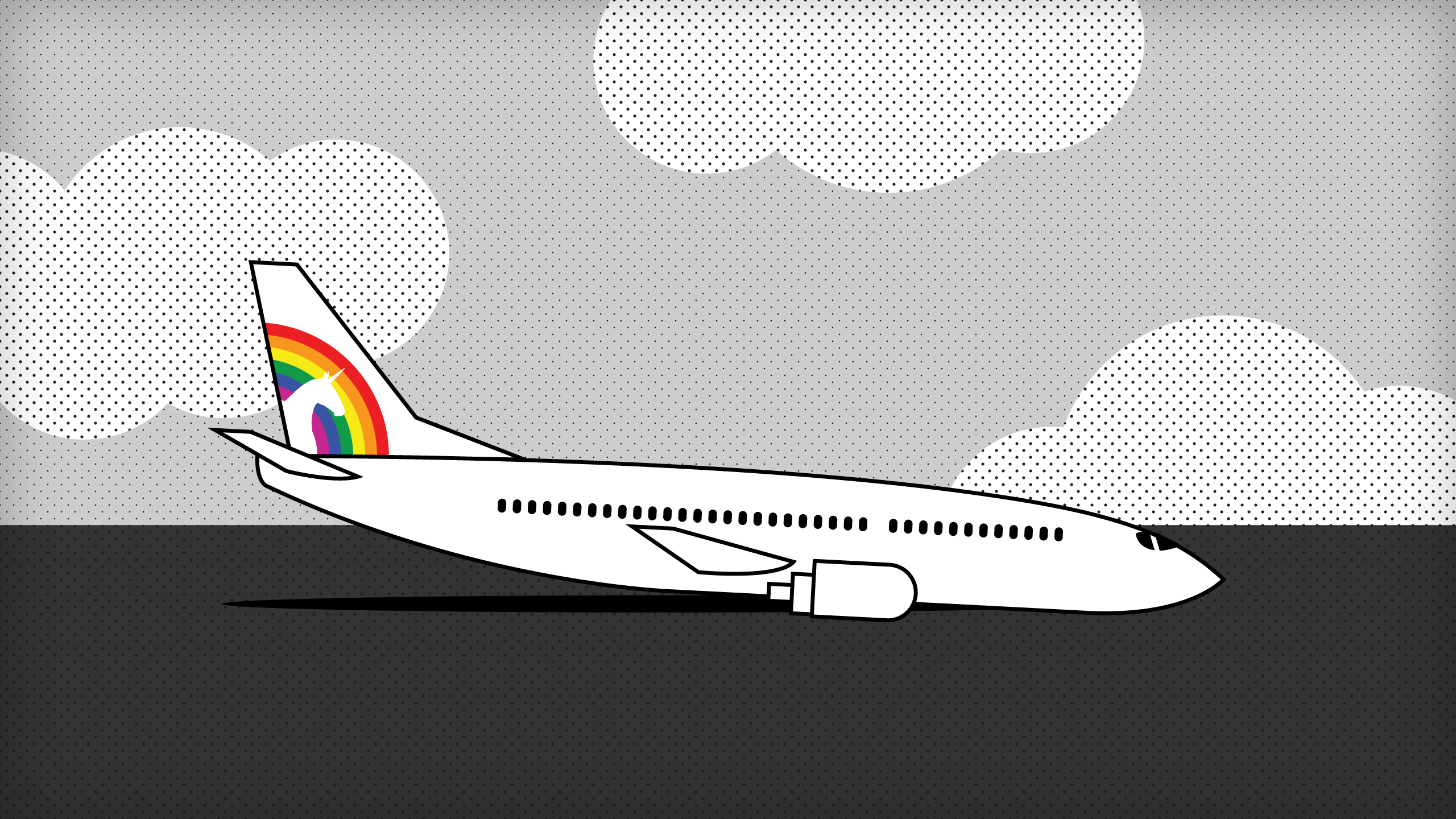 Eine Illustration eines absteigenden Düsenflugzeugs mit einem Einhorn-Logo am Heck