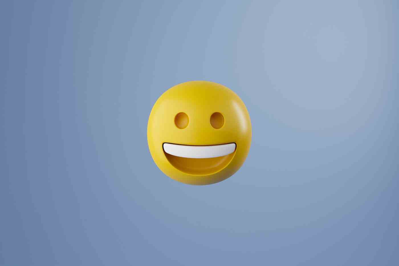 Computergrafik von gelben lächelnden runden Emoji-Emoticons isoliert auf pastellblauem Hintergrund.  Emoticon mit fröhlichem Gesicht.