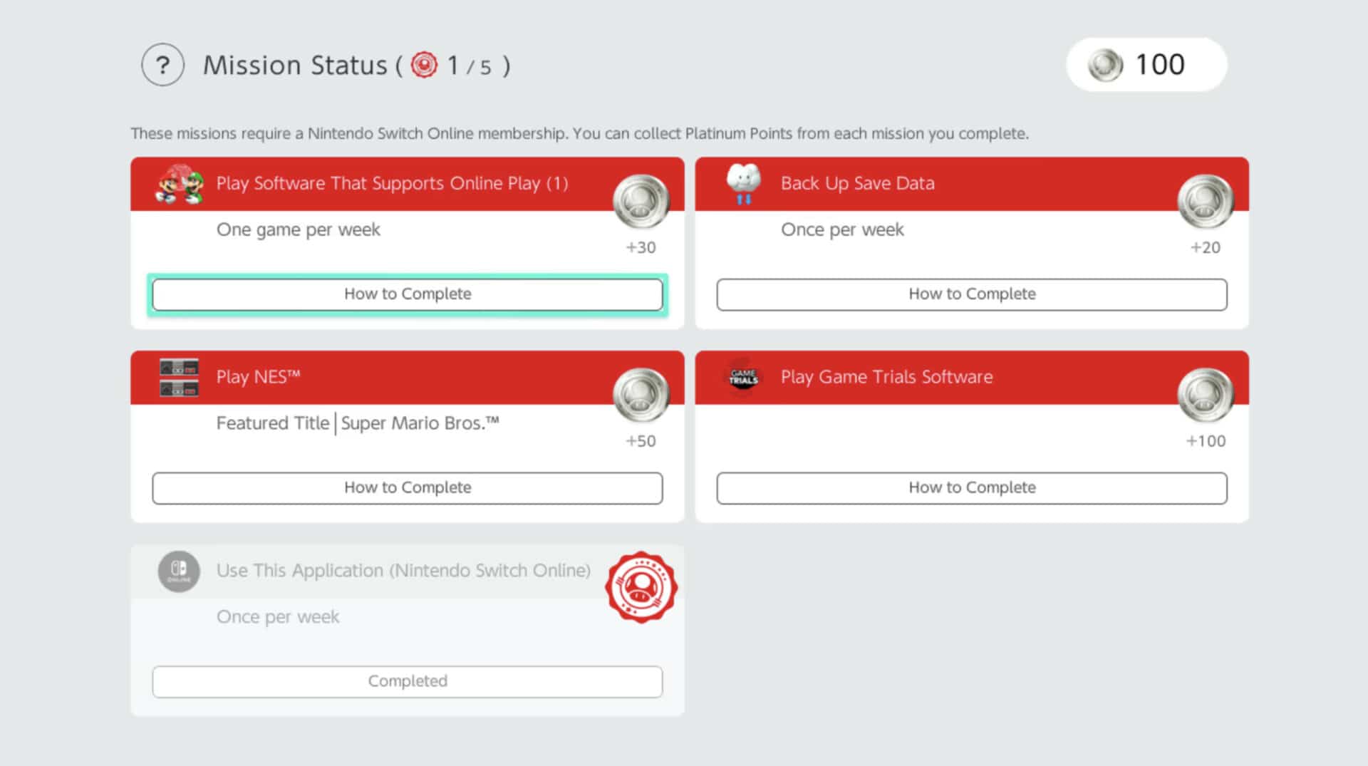 Nintendo Switch Online-Missionen und Belohnungen erklärt Profilbilder Elemente Platinum Points