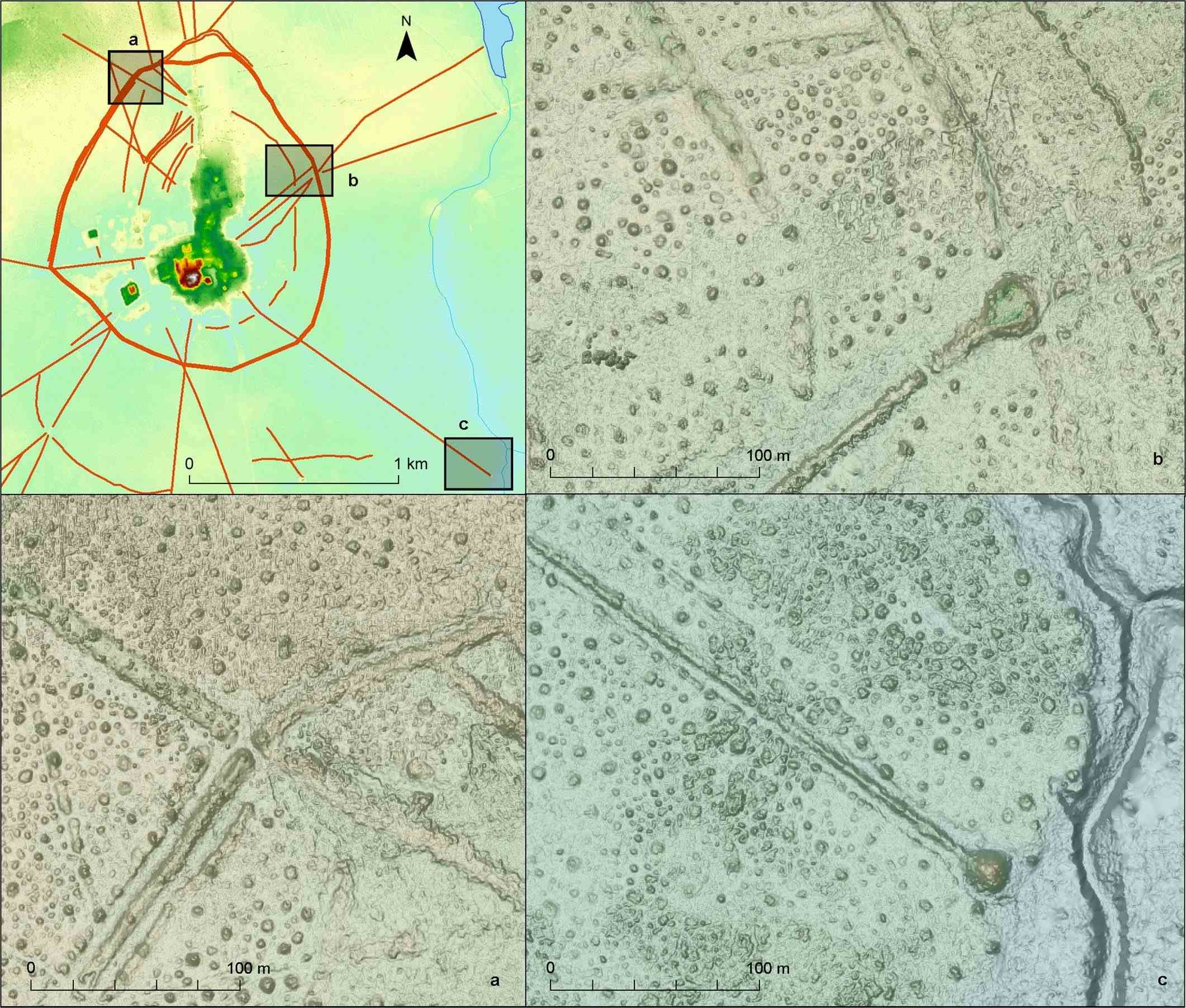 Lidar-Bilder von Merkmalen, die in der Stadt Casarabe mithilfe von Lidar entdeckt wurden.