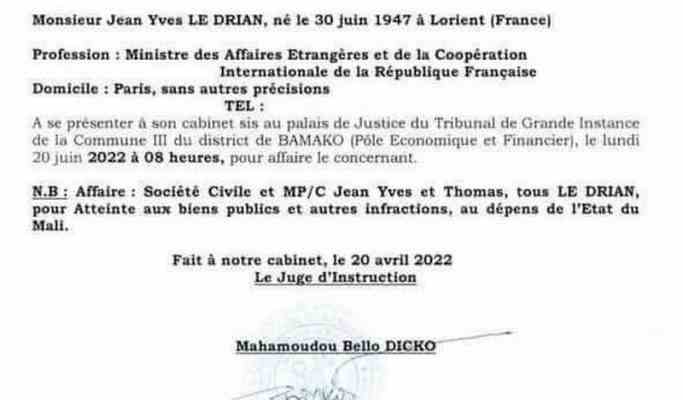 Vorladung des franzoesischen Aussenministers durch einen Richter in Bamako