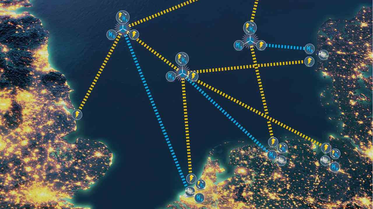 Beispiel eines Strom- und Wasserstoffnetzes mit Inseln in der Nordsee.