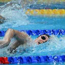 Staffelschwimmer am letzten Tag des Weltcups neben dem Podium die