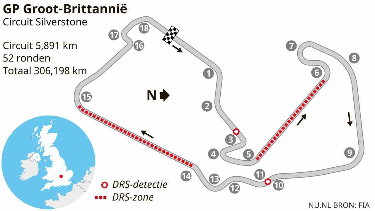 Das Layout der legendären Rennstrecke von Silverstone.