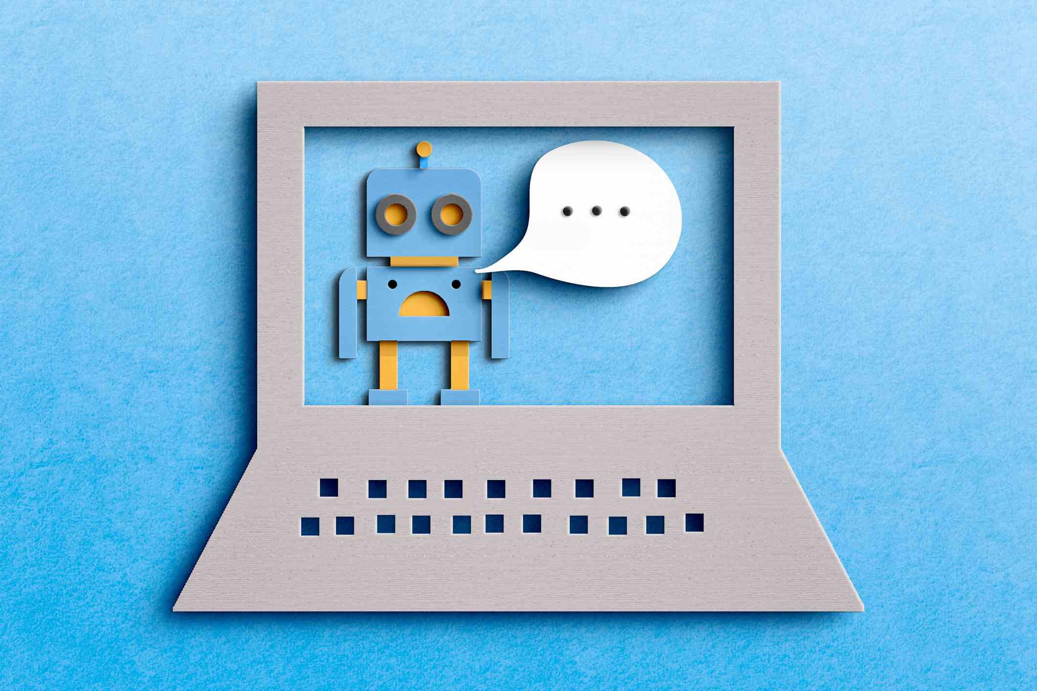 Abbildung eines Roboters mit einer Sprechblase in einem Laptop;  Chatbot-Strategie für das Marketing