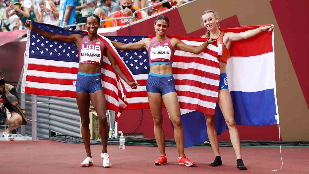 Dalilah Muhammad, Sydney McLaughlin und Femke Bol bei den Spielen in Tokio.