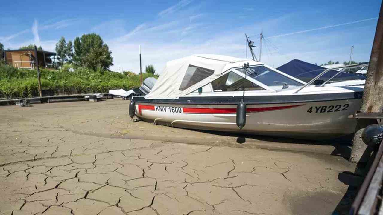 Im Yachthafen von Beusichem liegen Boote im Schlamm.  Die Dürre verursacht einen niedrigen Wasserstand und verursacht Probleme im Lek und vielen anderen Flüssen.