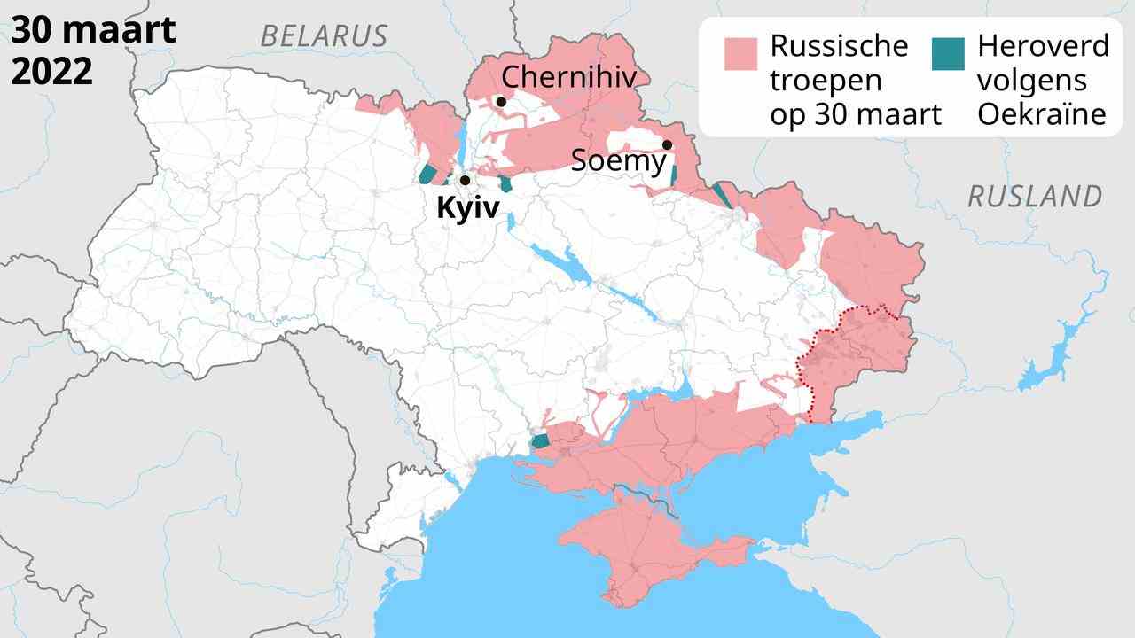 Ende März sind russische Truppen noch immer vollständig in der Nordukraine präsent.  In der folgenden Woche ziehen sie sich dorthin zurück, um sich auf die Schlacht im Osten zu konzentrieren.