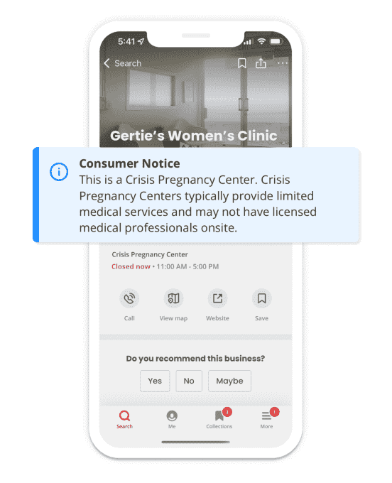Yelp Update um Verbraucher zu warnen Schwangerschaftskrisenzentren sind keine Anbieter von