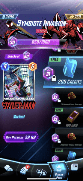 Der Marvel Snap Symbiote Season Pass.  Einige Belohnungen sind gesperrt, andere sind als gekennzeichnet "frei."