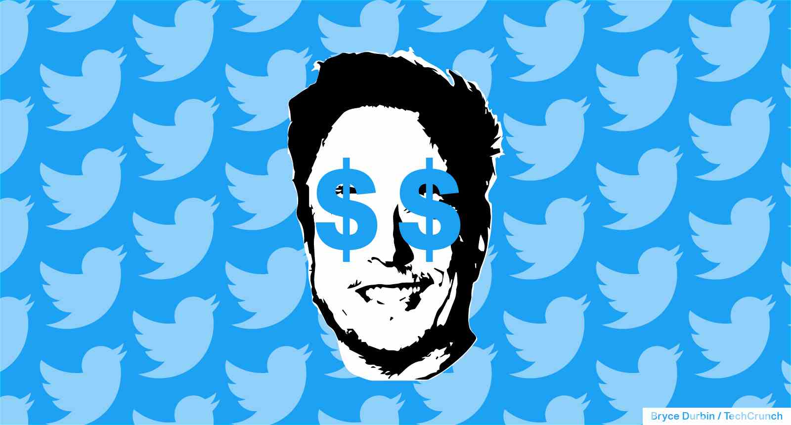 Elon Musk mit Dollarzeichen in den Augen, Twitter-Logomuster im Hintergrund