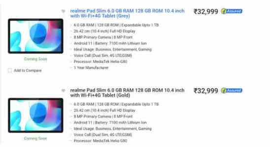 Realme Pad Slim auf Flipkart gelistet kann mit Realme 10