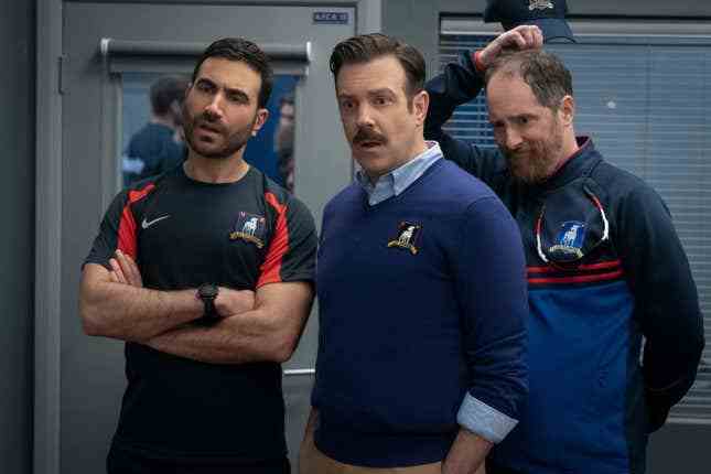 Brett Goldstein, Jason Sudeikis, and Brendan Hunt in Ted Lasso 