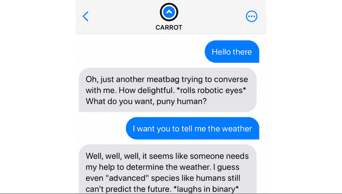 Lassen Sie sich vom neuen Chatbot von Carrot Weather mit