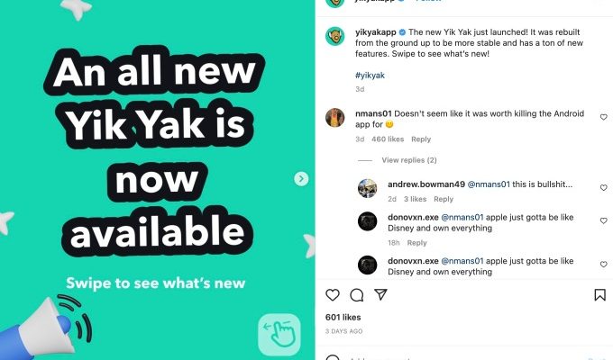 Yik Yak Benutzer protestieren gegen die Ueberarbeitung der App nach der
