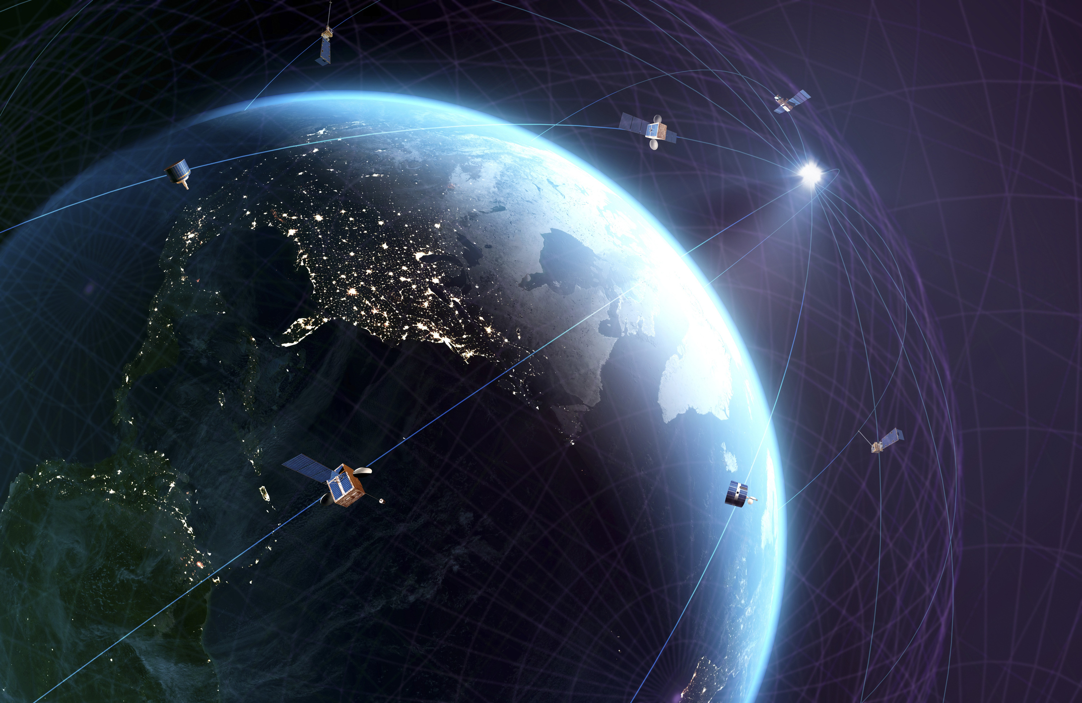 Globale Satellitenkommunikation.  Konzeptionelle Darstellung eines globalen Netzwerks von Kommunikationssatelliten wie den Starlink-Satelliten.