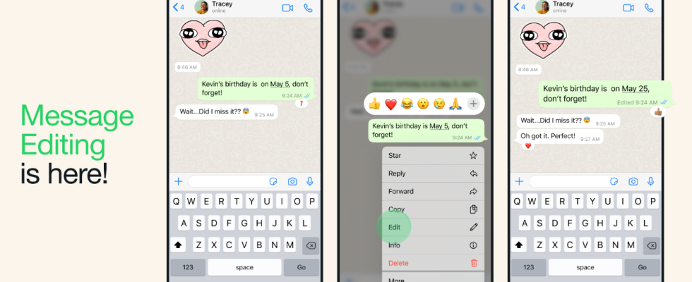 Bearbeiten WhatsApp fuehrt die Funktion „Bearbeiten fuer Nachrichten deren Verwendung