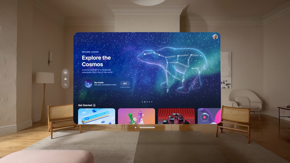 Vorschau einer Anzeige auf Apples Vision Pro AR-Headset mit "den Kosmos erkunden" auf dem Bildschirm