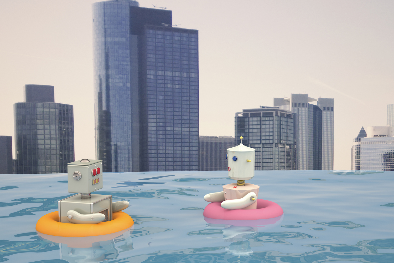 Männlicher und weiblicher Roboter mit schwimmenden Reifen schwimmen im Pool vor der Skyline der Stadt, 3D-Darstellung