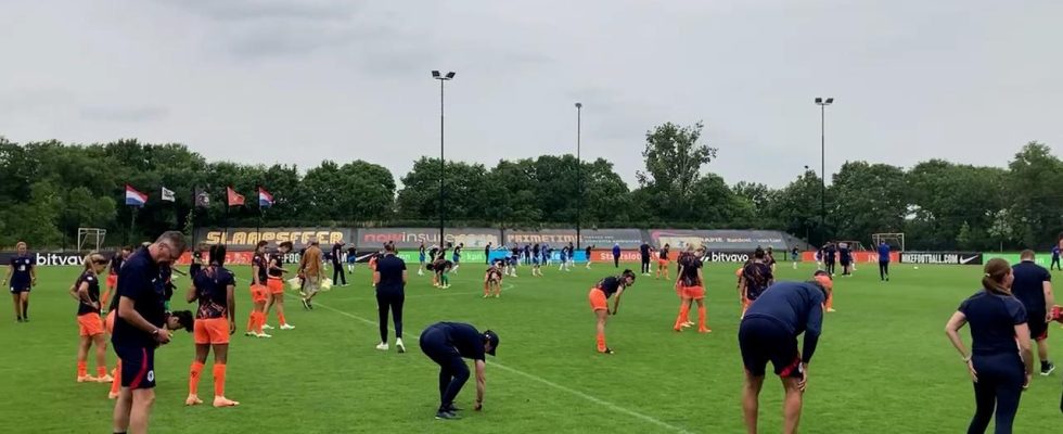 Orangefarbene Frauen ueberrascht ueber Steine ​​und Glas auf dem Feld