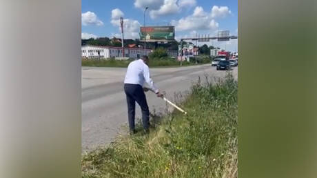 Praesident maeht aus ungewoehnlichem Protest Gras am Strassenrand VIDEO –