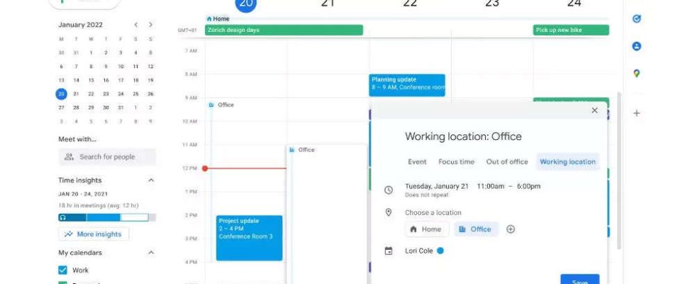 Mit Google Kalender koennen Benutzer ihren Arbeitsort angeben