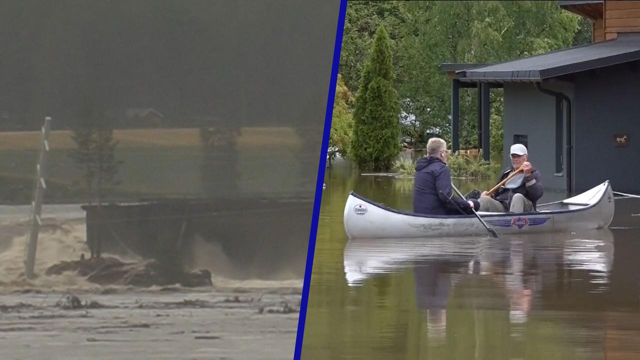 Beeld uit video: Inwoners varen door straat na damdoorbraak in Noorwegen