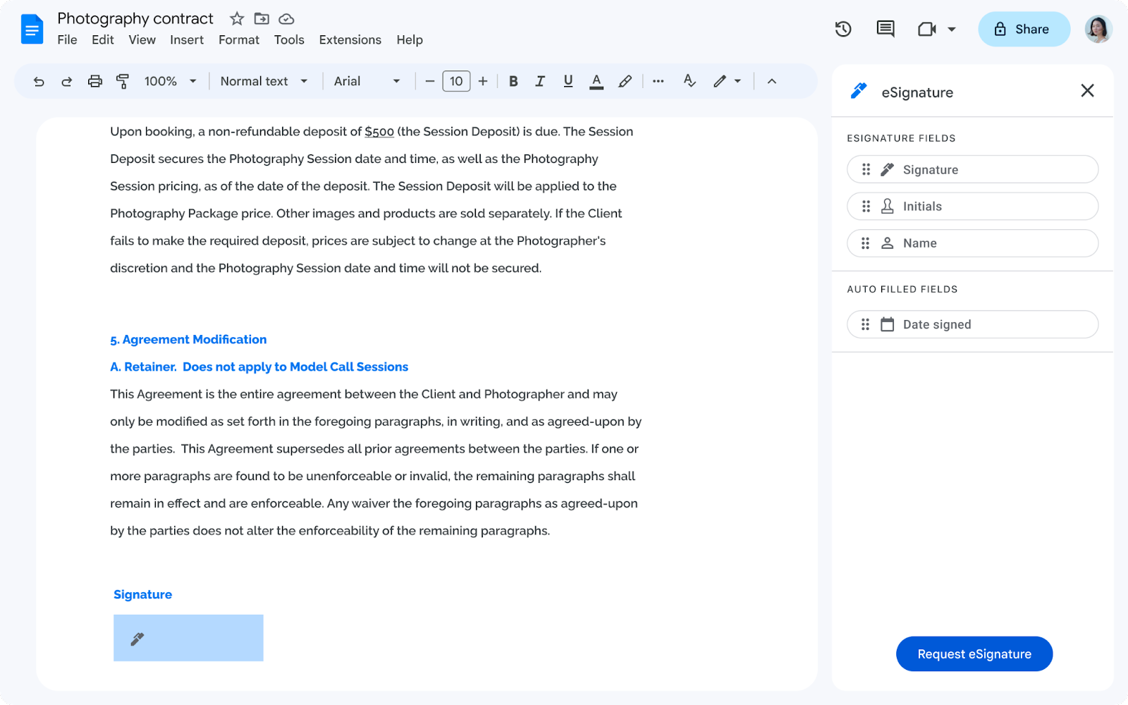 Google Doc mit E-Signatur-Feld am Ende des Dokuments.