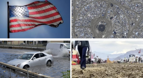 Oekosystem Burning Man Besucher beginnen das durchnaesste Festivalgelaende zu verlassen