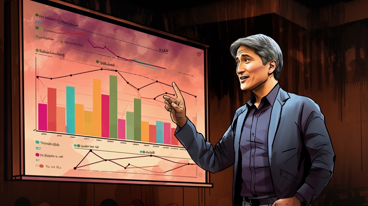 Eine farbenfrohe Illustration, die Guy Kawasaki an einem Rednerpult vor einem Bildschirm mit einem riesigen Balkendiagramm darauf zeigt.