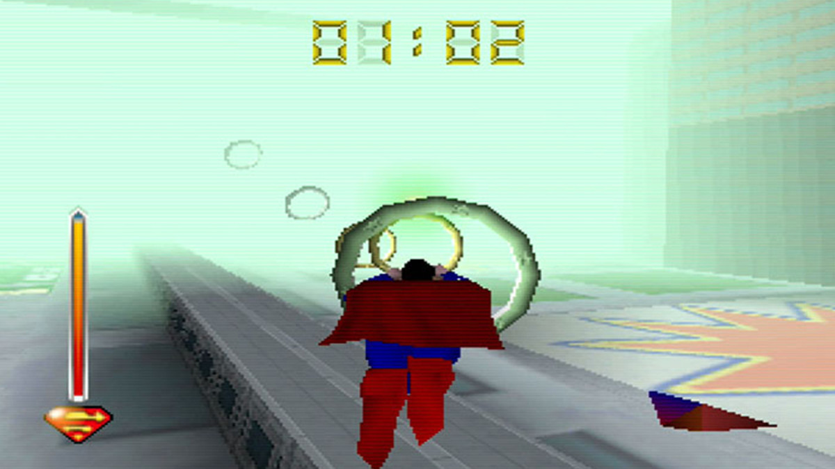 Ein Bild von Superman, der in Superman 64 durch verschiedene Ringe fliegt, als Teil einer Rangliste der schlechtesten Videospiele aller Zeiten.