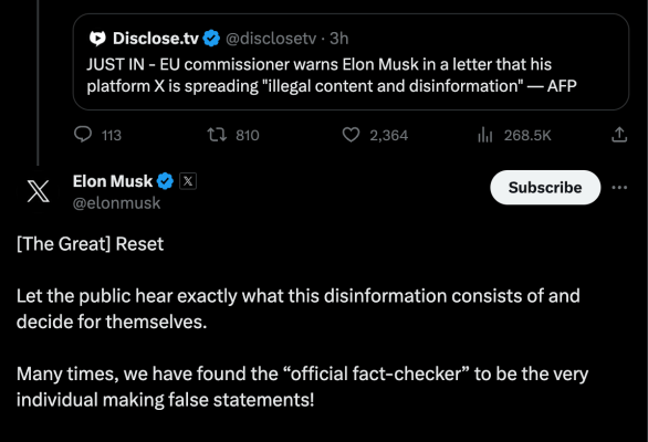 EU warnt Elon Musks X dringend wegen illegaler Inhalte und