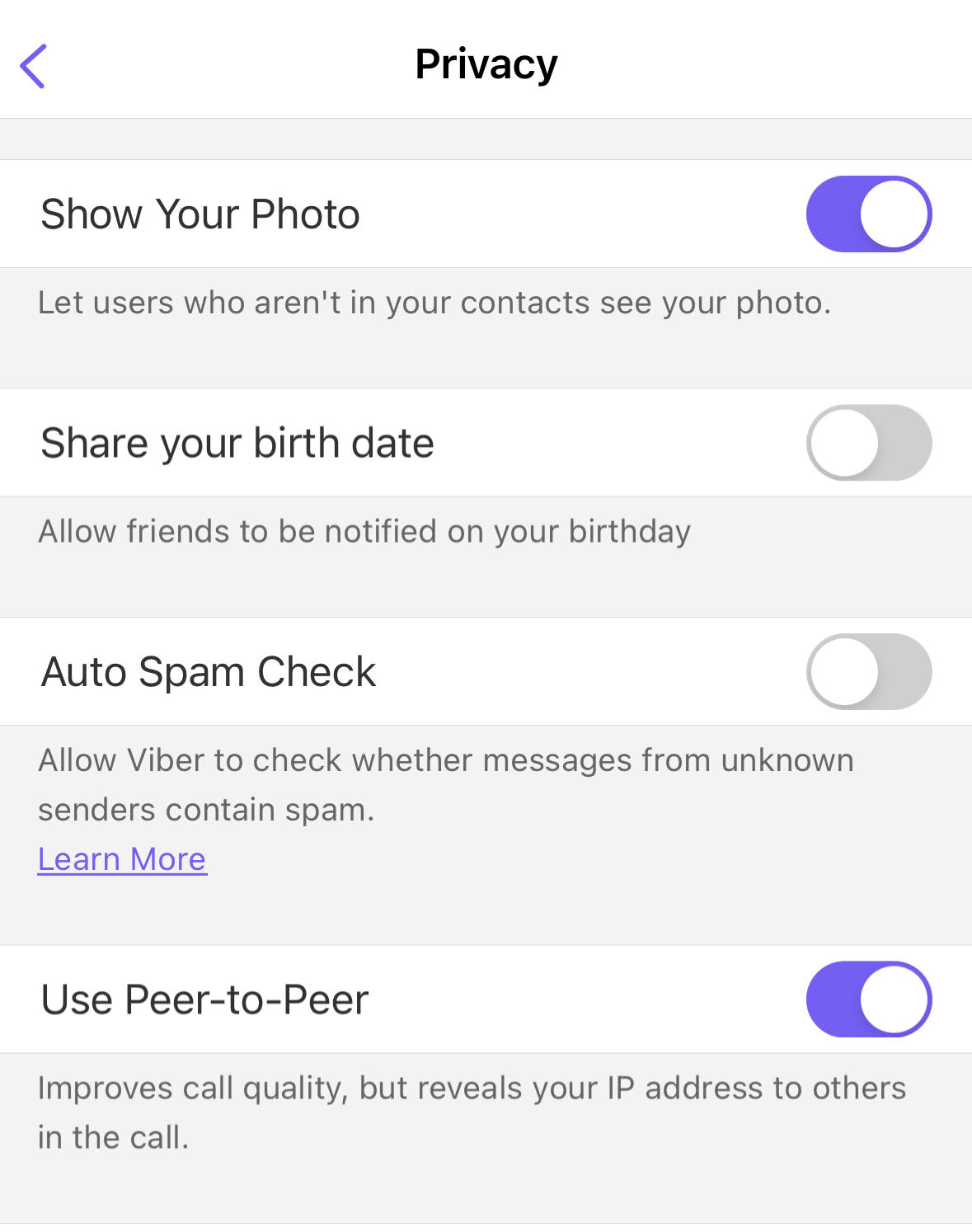 Einstellung in Viber zum Ausschalten von Peer-to-Peer-Anrufen.