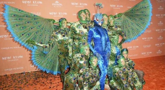 Heidi Klum hat sich zu Halloween als Mehrpersonen Pfau verkleidet