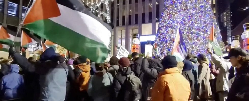 Pro palaestinensische Demonstranten stossen in New York zusammen und entfalten das