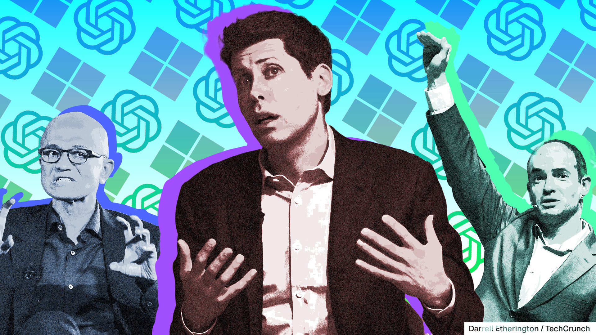 Sam Altman, Satya Nadella und Ilya Sutskever in einer Illustrationscollage