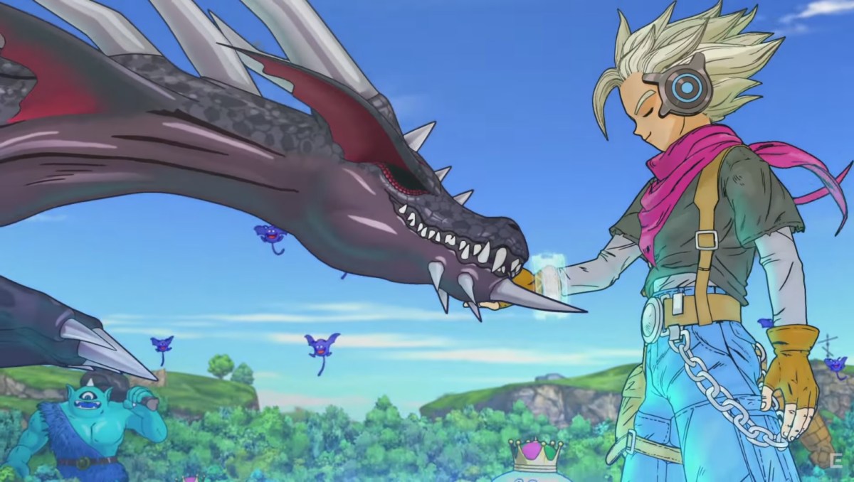 Ein Charakter, der in Dragon Quest Monsters: Joker 3 einen Drachen streichelt.