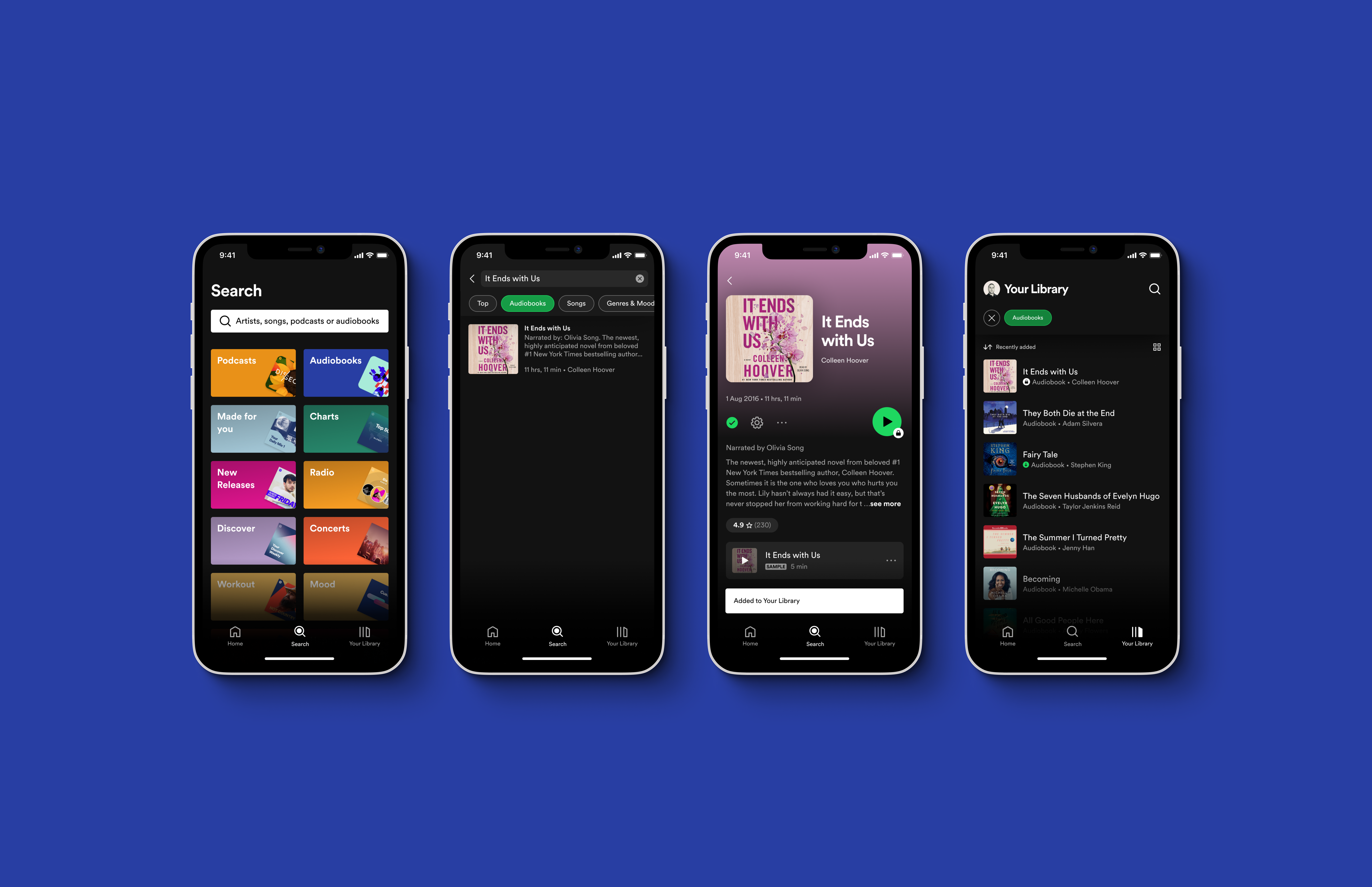 Spotify-Hörbuchbildschirme auf 4 Mobiltelefonen