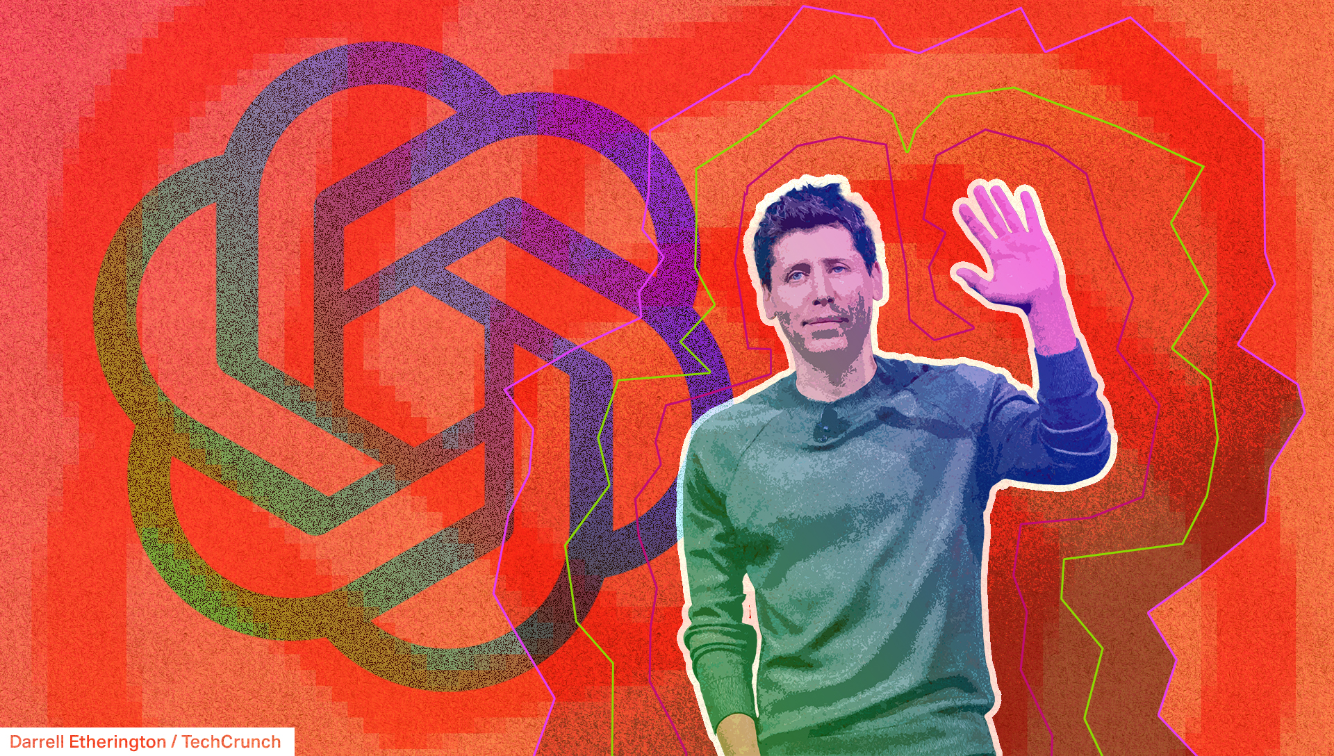 Eine Illustration von Sam Altman vor dem OpenAI-Logo