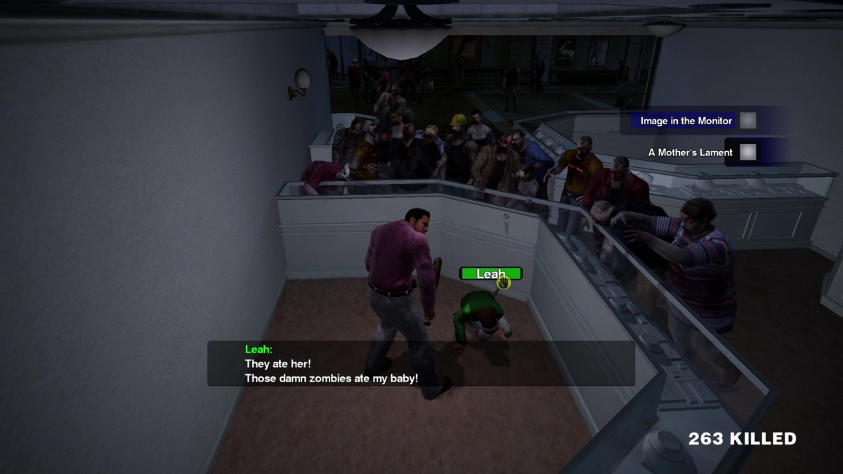 Ein Screenshot eines Charakters, der Zombies in Dead Rising ausweicht. 