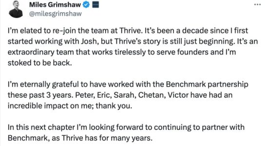 Miles Grimshaw verlaesst Benchmark um zu Kushners Thrive Capital zurueckzukehren