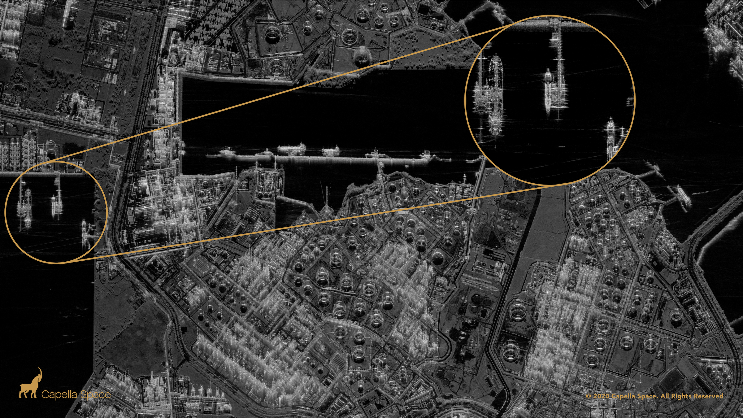 Ein Beispiel für Capellas hochauflösende „Spot“-Bilder, die eine Raffinerieanlage von ExxonMobil in Singapur zeigen.