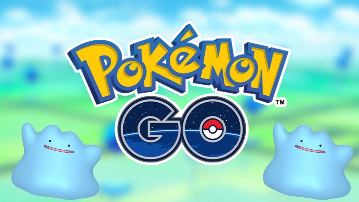 Bild des Pokemon GO-Logos über der unscharfen Karte, mit zwei Shiny Ditto, die auf beiden Seiten heraushängen