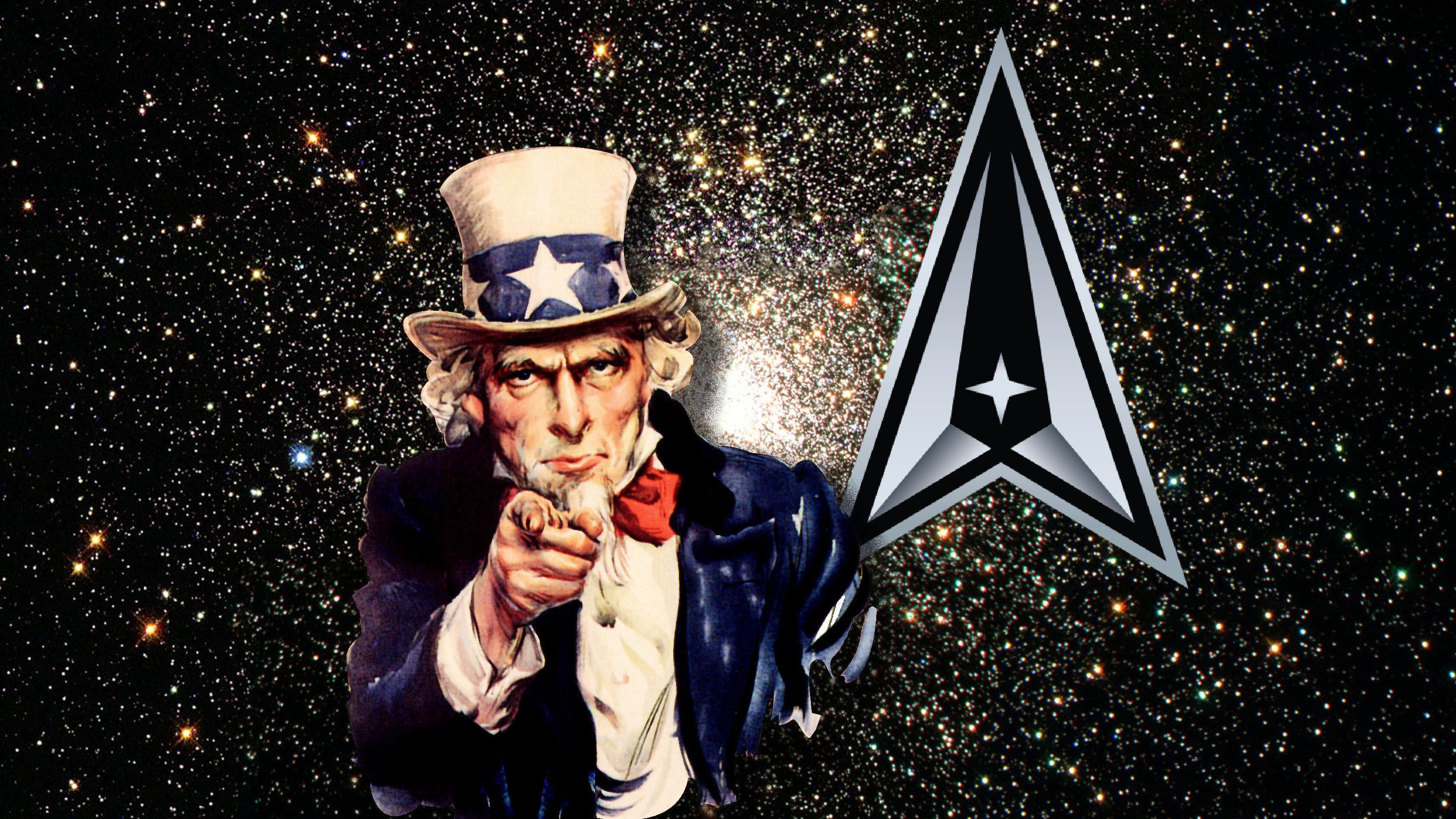 Bild von Uncle Sam, der im Weltraum schwebt, mit dem Space Force-Logo über seiner linken Schulter.