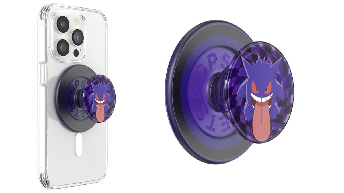 Bild eines Telefons mit angeschlossenem Gengar PopSocket, neben einem größeren Bild des Gengar PopSocket