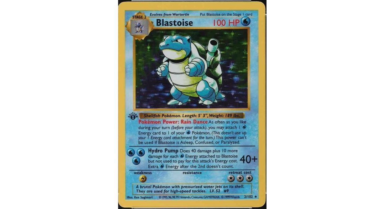 Bild einer holografischen Shadowless Blastoise-Karte mit PSA-Bewertung aus der First Edition des TCG