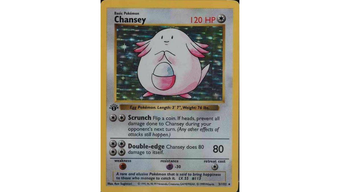 Bild einer holografischen Chansey-Karte der ersten Ausgabe des Pokemon-Sammelkartenspiels