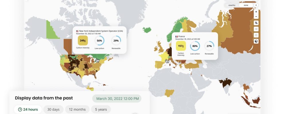 Electricity Maps berechnet die CO2 Intensitaet des Stromverbrauchs um die Nutzung