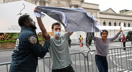 Pro palaestinensische Demonstranten geraten waehrend der Met Gala aneinander und zerstoeren Denkmaeler