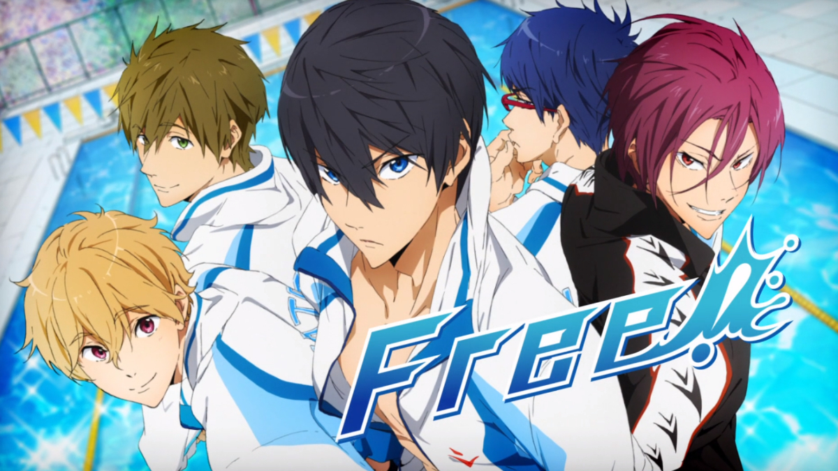 Bild der Hauptdarsteller von Free! vor einem Pool, die den Betrachter anschauen 